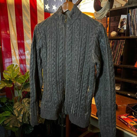 $898 JOHN VARVATOS Resin Coated Cable Knit Zip Sweater (sz. XS/S) - Picture 2 of 6